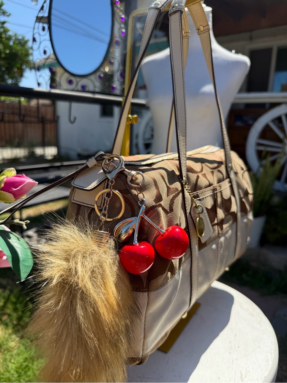 Coach Khaki/Beige Signature Canvas Shoulder Bag with Pearl Charm - Picture 4 of 7